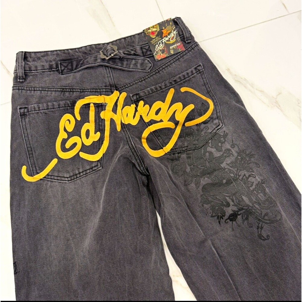 ed hardy womens black gray wash loose fit tattoo logo embroidered jeans Size 24